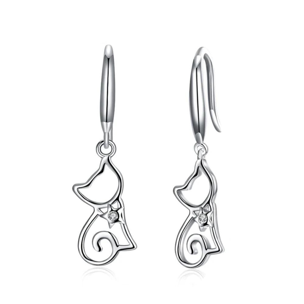 925 Sterling Silver Cat Drop Earrings - Personalized Jewel