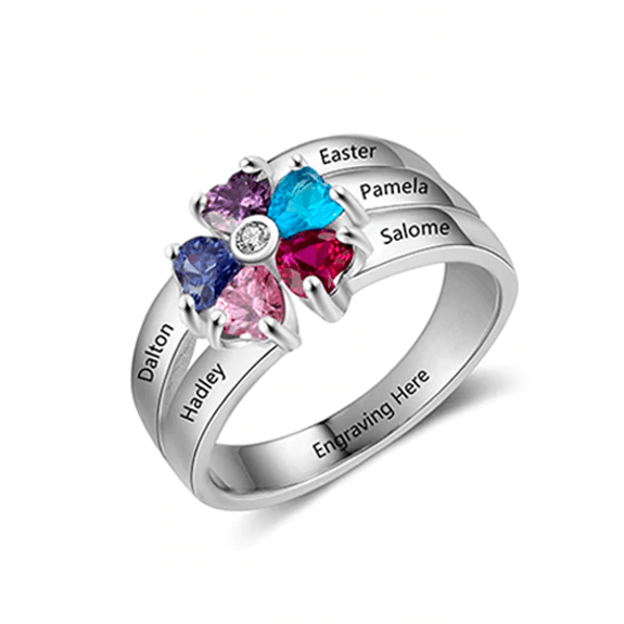 Personalized 925 Sterling Silver Ring for Mothers - Customized 5 Names Engraving and 5 Heart-Shaped Birthstones Ring - Personalized Jewel