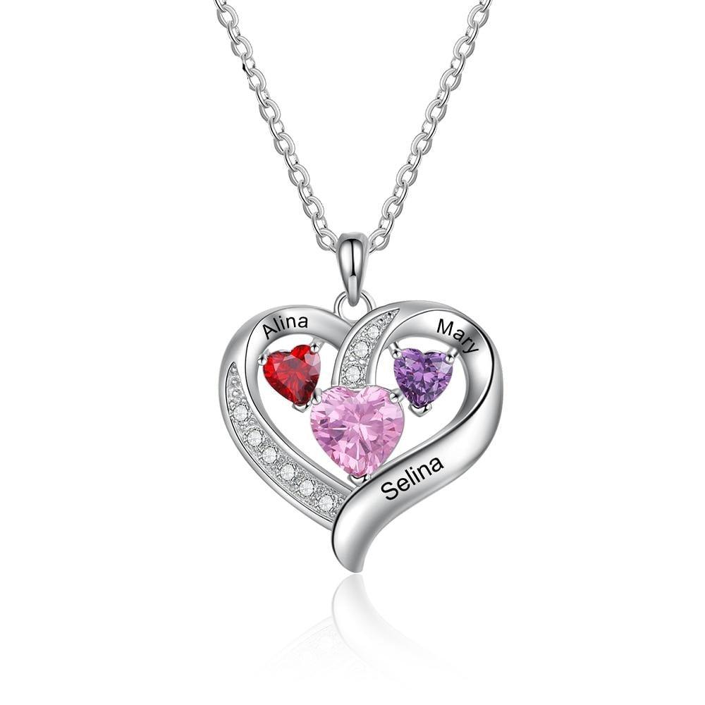 Personalized Romantic Heart Pendant Necklace – 3 Names Engravable With Birthstones - Personalized Jewel