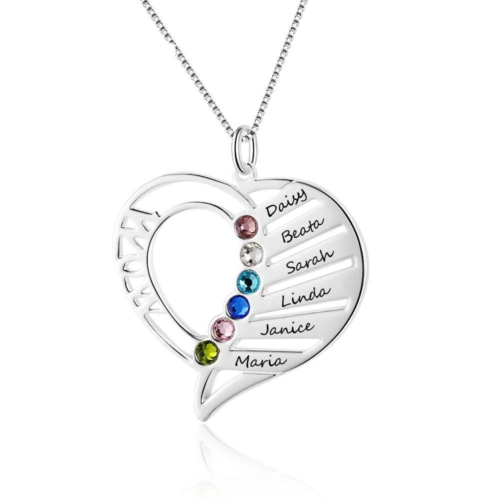 Personalized Sterling Silver Pendant Necklace - Six Custom Names & Birthstones - Heart Shaped Pendant - Customized Gifts - Personalized Jewel
