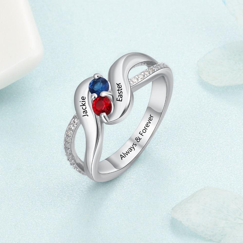 Personalized Sterling Silver Ring - Engrave One Special Phrase, Two Custom Names & Two Custom Birthstones - Women’s Fashion Jewelry - Personalized Jewel