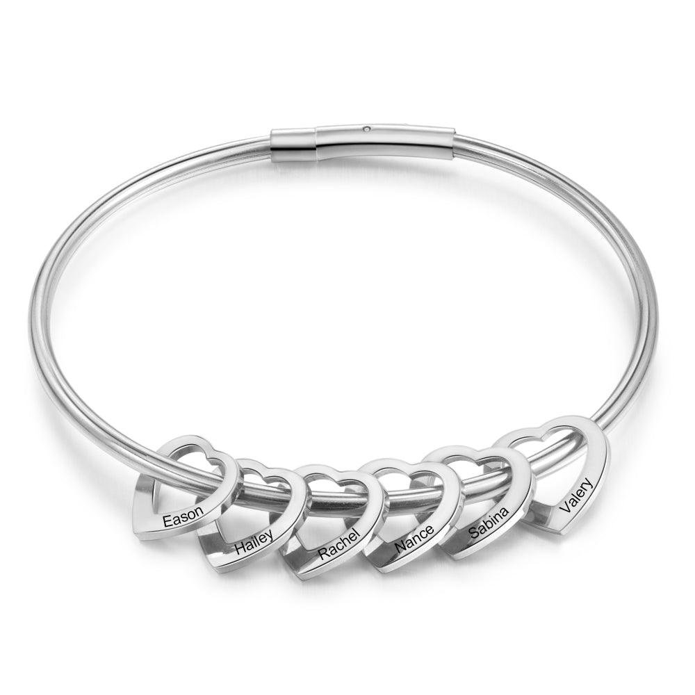 Women 925 Sterling Silver Heart On My Sleeve Bracelets - 6 Name Customized Bracelets & Bangles - Fashion Jewelry Gifts for Women - Personalized Jewel