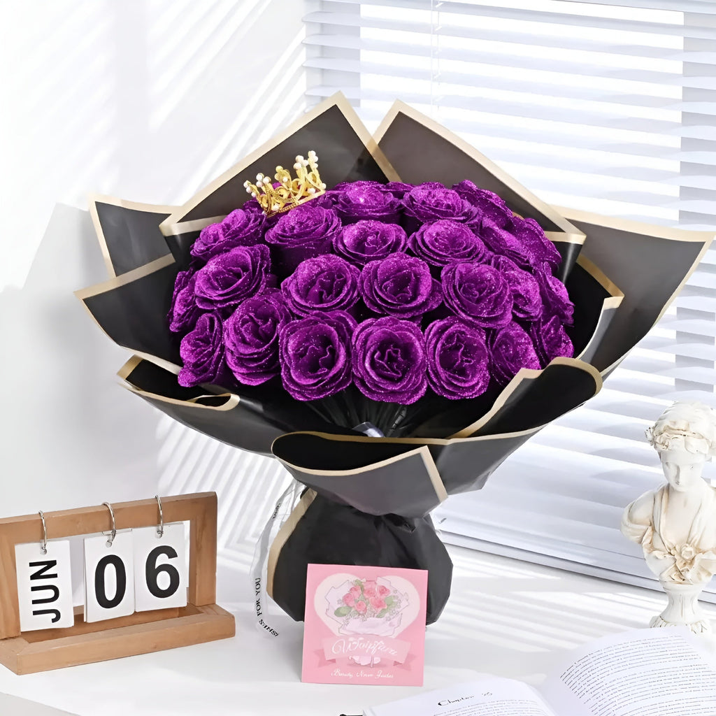 Customizable Glitter Rose Bouquet With Decorative Crown And Butterflies