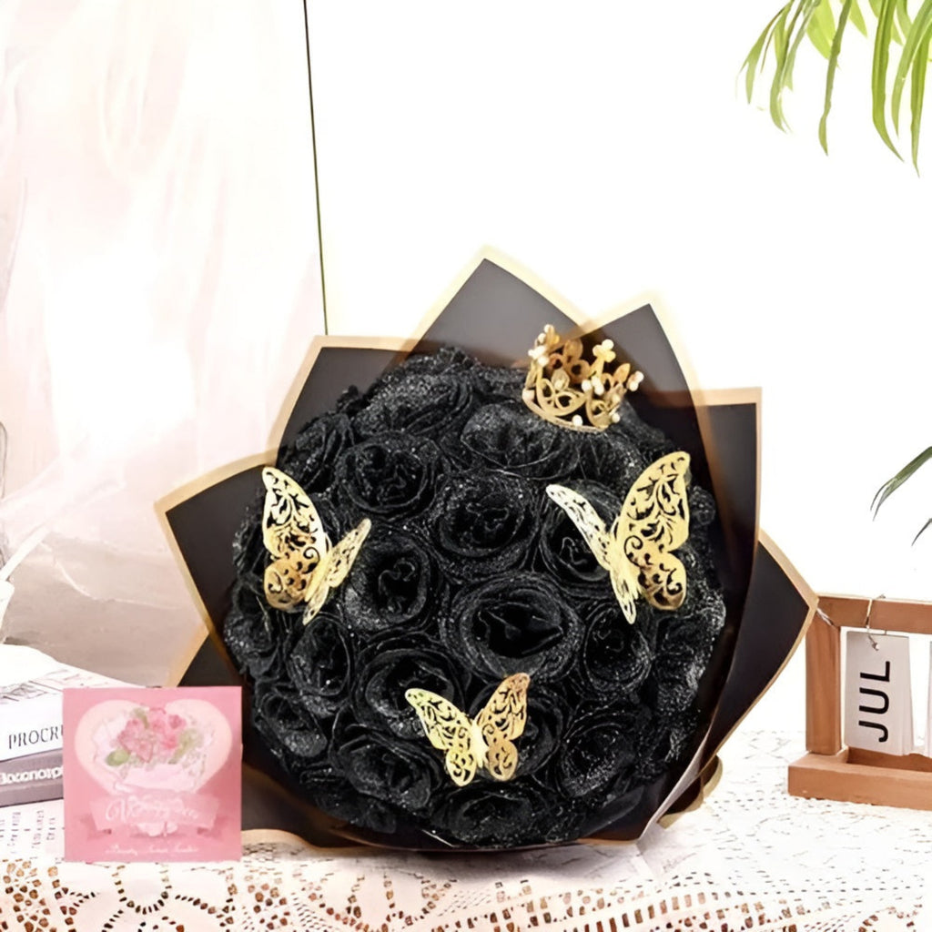 Customizable Glitter Rose Bouquet With Decorative Crown And Butterflies