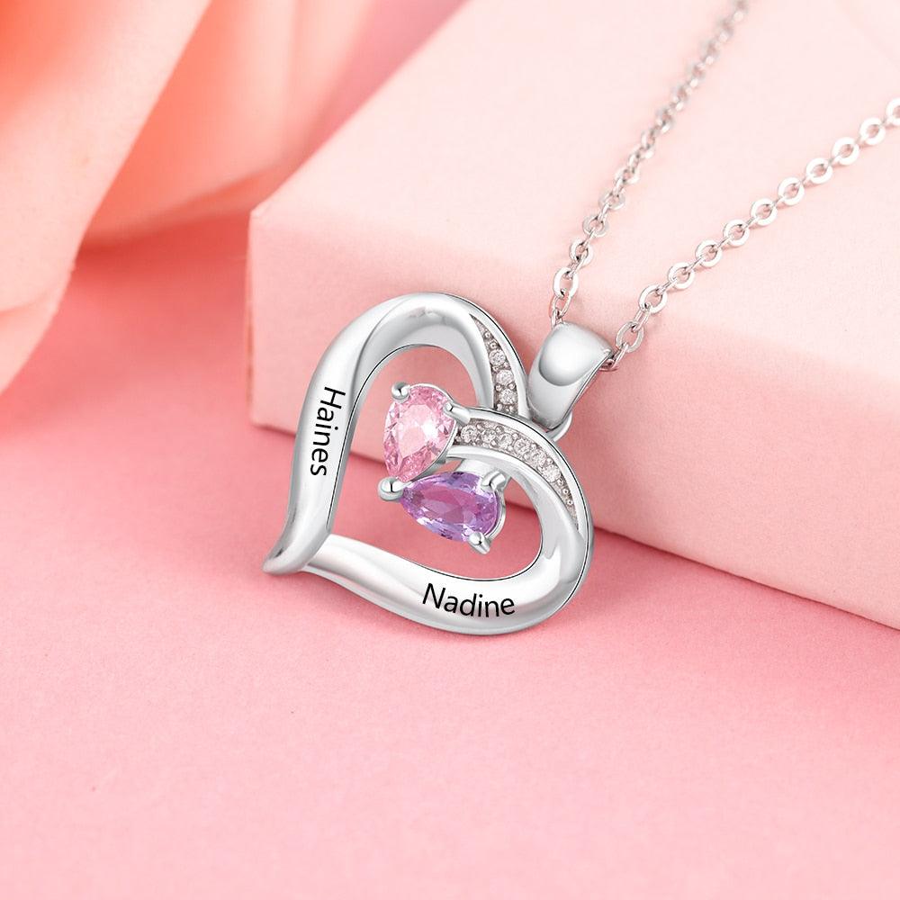 925 Silver Heart Pendant for Women, Two Personalized Birthstones & Name Engravings Necklace - Personalized Jewel