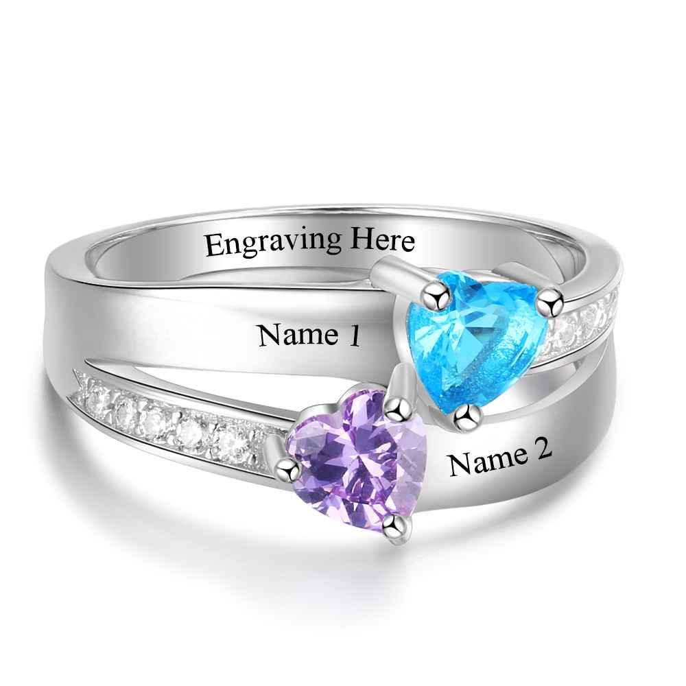 925 Sterling Silver 2 Heart Birthstone Ring Personalized with Custom Engrave Names for Her - Personalized Jewel
