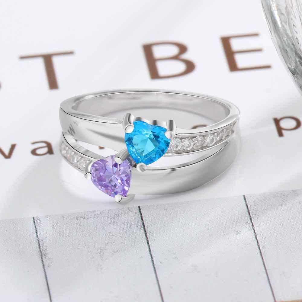 925 Sterling Silver 2 Heart Birthstone Ring Personalized with Custom Engrave Names for Her - Personalized Jewel
