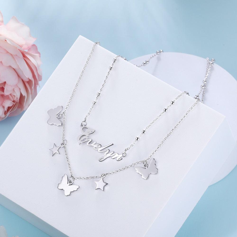 925 Sterling Silver Butterfly Necklace with Customized Nameplate for Women - Personalized Jewel