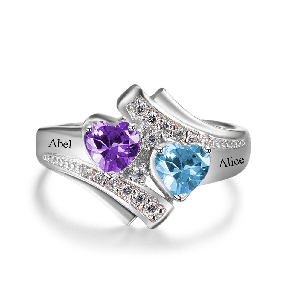 925 Sterling Silver Customized Heart Birthstone & Engraved Name Ring, Fashion Jewelry Gift for Women - Personalized Jewel