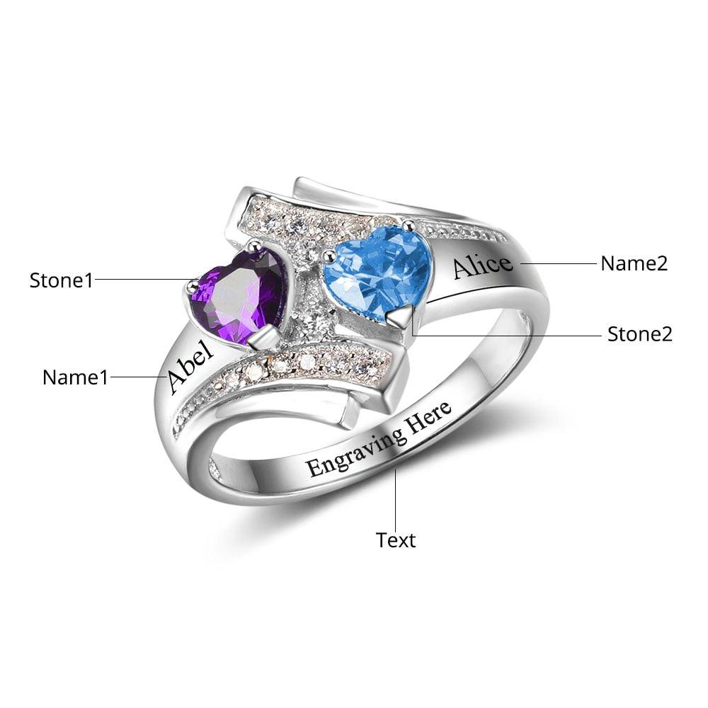 925 Sterling Silver Customized Heart Birthstone & Engraved Name Ring, Fashion Jewelry Gift for Women - Personalized Jewel