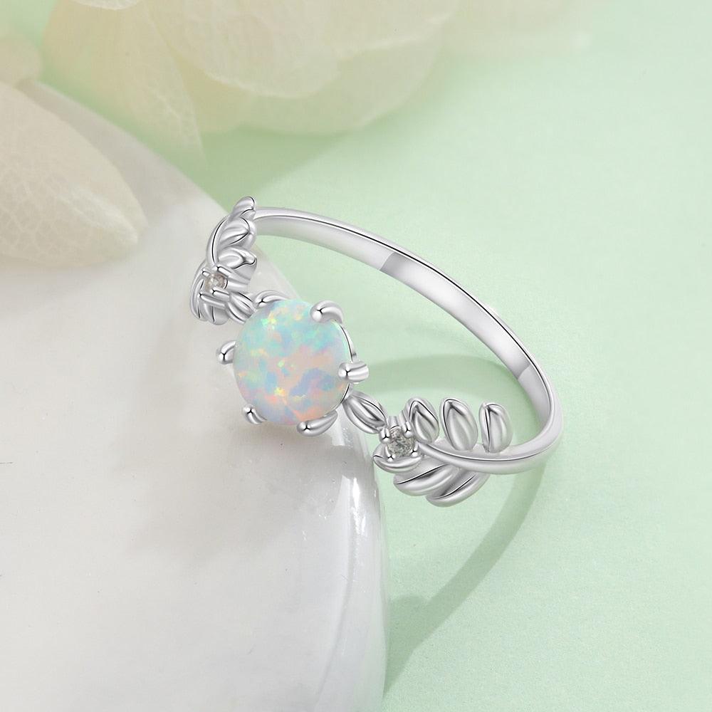 925 Sterling Silver Cute Branch Engagement Ring with Round White Opal Stone - Personalized Jewel