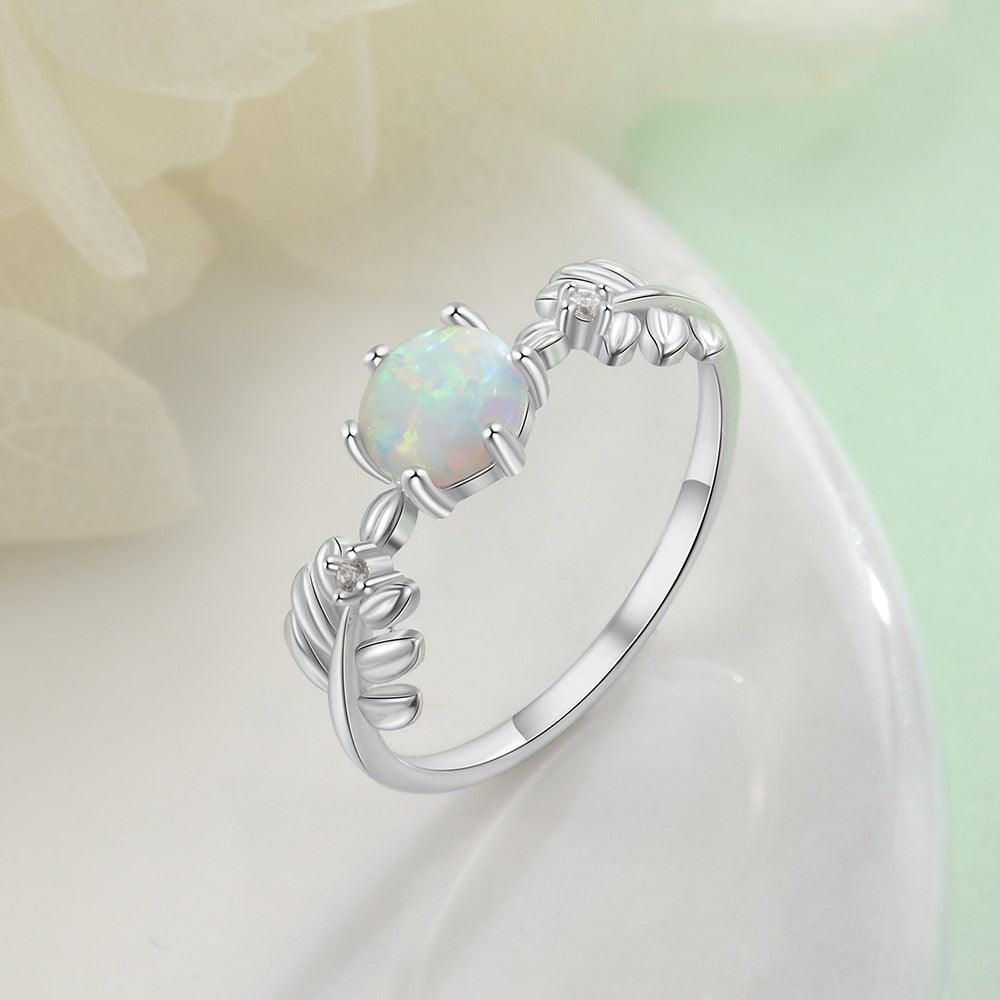 925 Sterling Silver Cute Branch Engagement Ring with Round White Opal Stone - Personalized Jewel