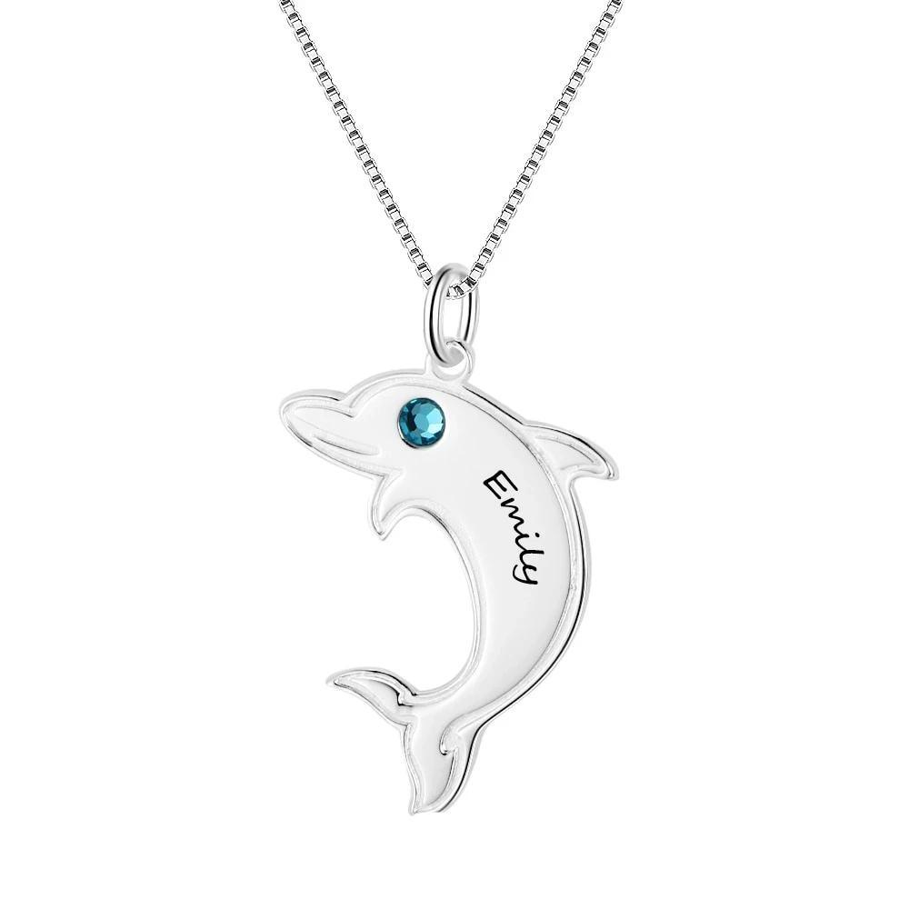 925 Sterling Silver Dolphin Shape Name & Birthstone Personalized Pendant Necklaces for Women - Personalized Jewel