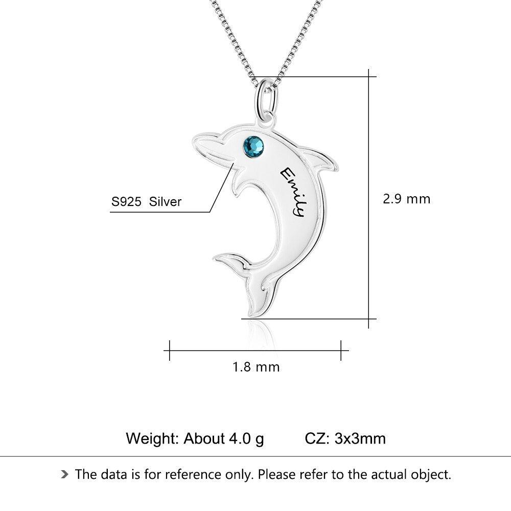 925 Sterling Silver Dolphin Shape Name & Birthstone Personalized Pendant Necklaces for Women - Personalized Jewel