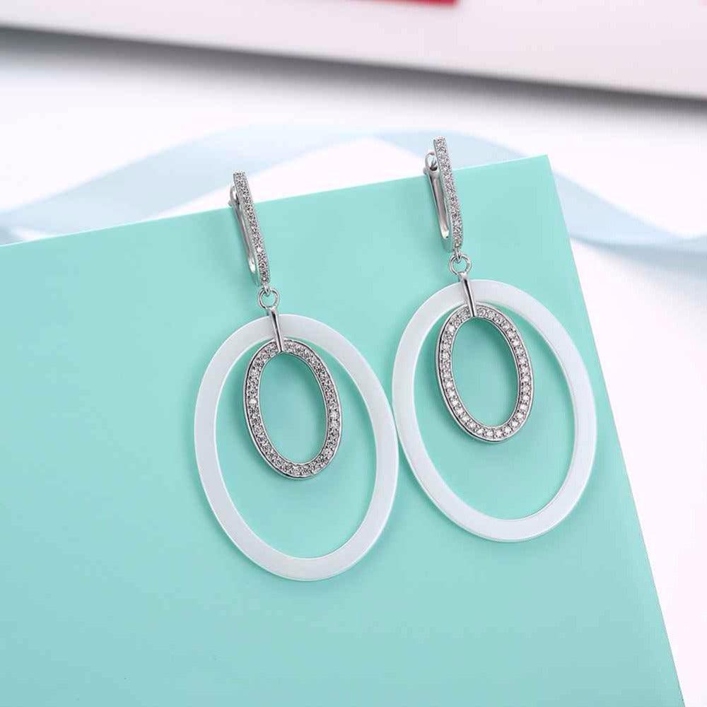 925 Sterling Silver Drop Earrings Ellipse Style Ceramic Dangle Earring - Personalized Jewel