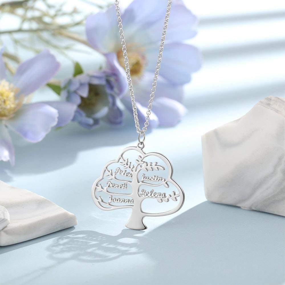 925 Sterling Silver Family Tree Necklace With 5 Customized Name Engravings - Personalized Jewel