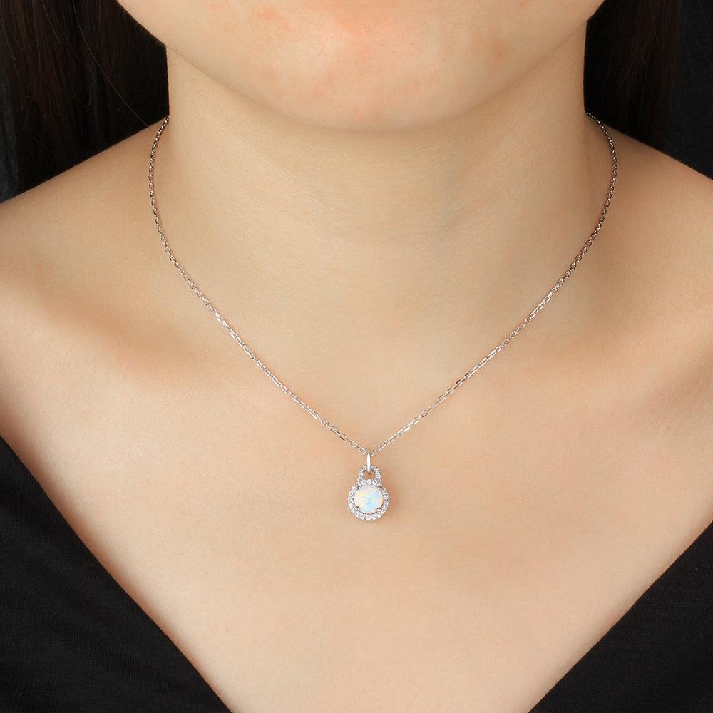 925 Sterling Silver Fashion Necklace with Round Milky Opal Pendant, Jewelry Gift for Her - Personalized Jewel