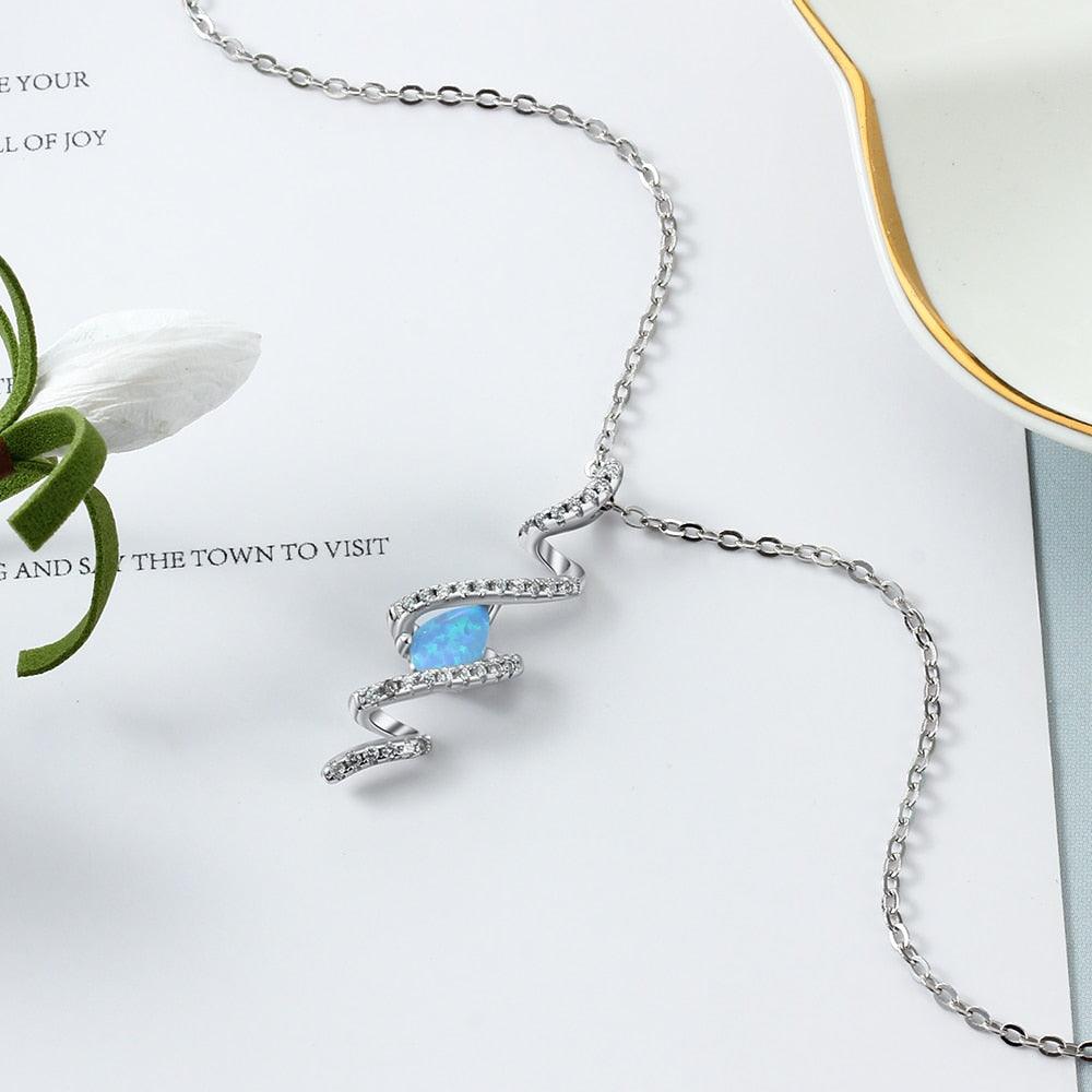 925 Sterling Silver Geometric Necklace with Ribbon Shape Twist Blue Opal Pendant, Gift for Women - Personalized Jewel