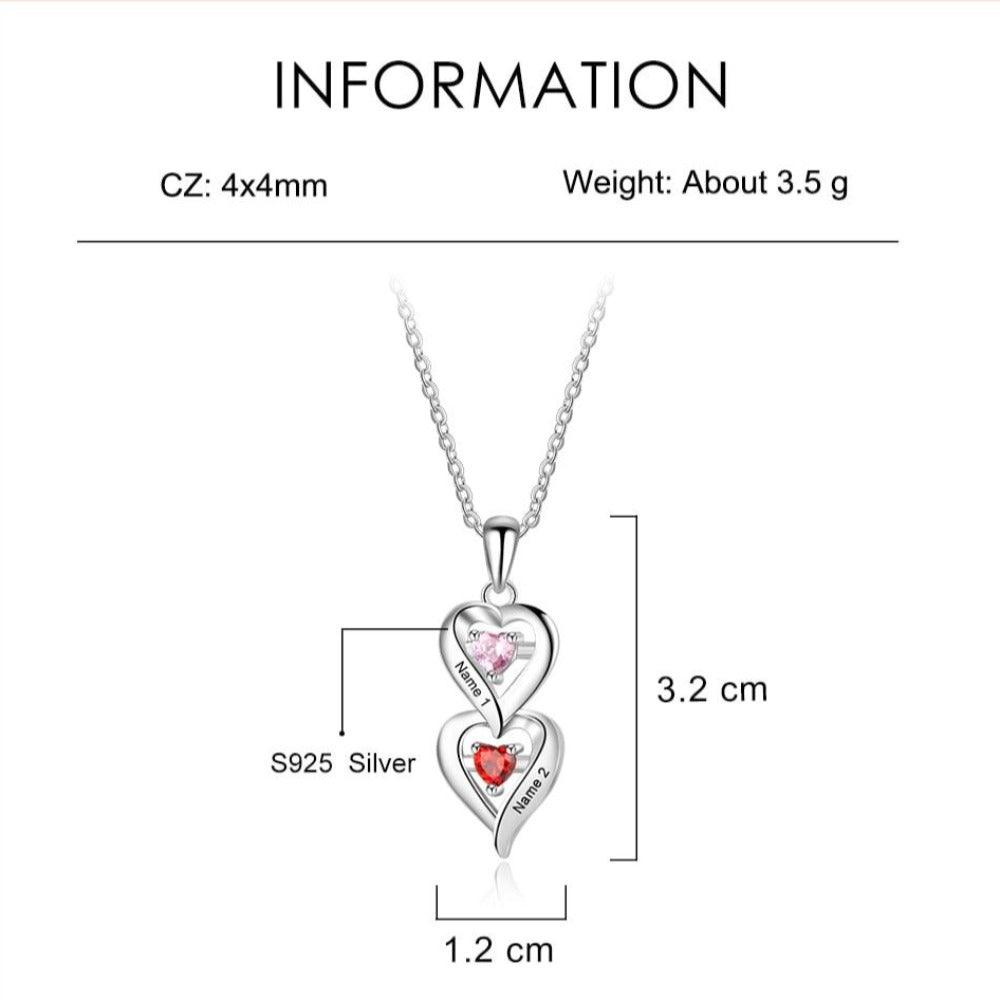 925 Sterling Silver Heart Necklace for Women, Two Customized Birthstone & Engraving Heart Pendant - Personalized Jewel