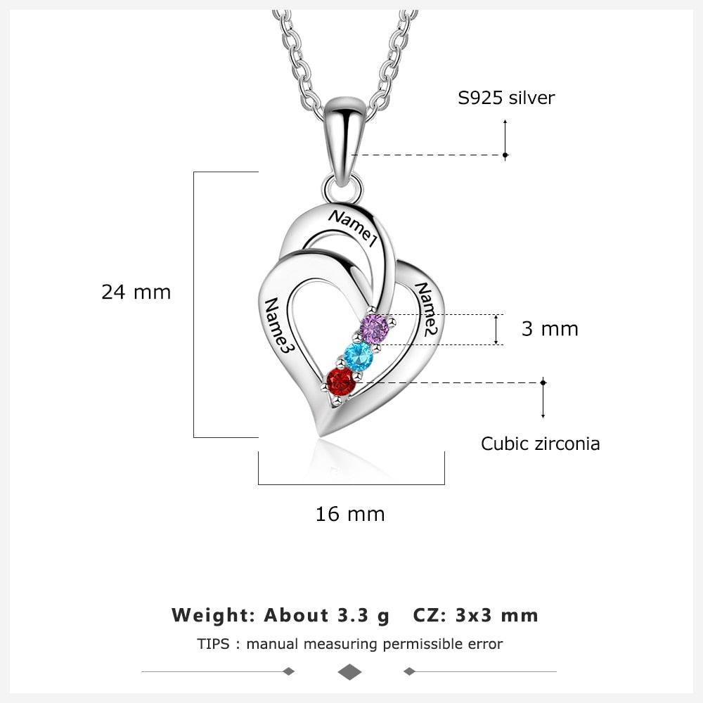 925 Sterling Silver Heart Shaped Pendant for Women, 3 Personalized Birthstones and 3 Name Engravings - Personalized Jewel