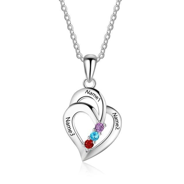 925 Sterling Silver Heart Shaped Pendant for Women, 3 Personalized Birthstones and 3 Name Engravings - Personalized Jewel