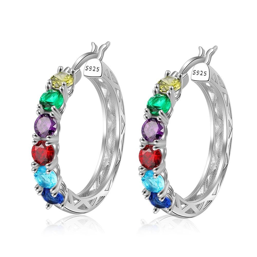 925 Sterling Silver Jewelry- Silver Hoop Earrings for Women- Custom 6 Birthstones Engraved Earrings- Personalized Birthstone Jewelry for Women - Personalized Jewel