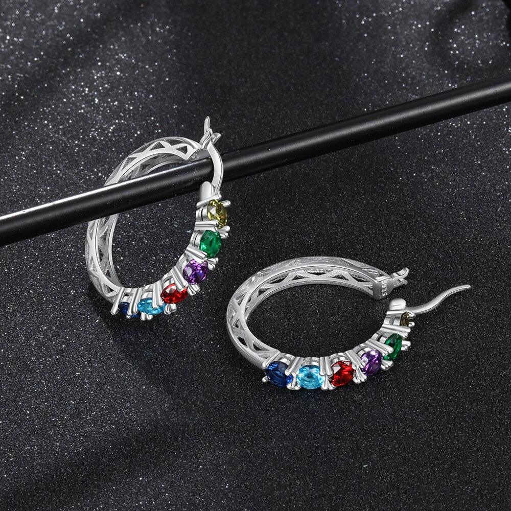 925 Sterling Silver Jewelry- Silver Hoop Earrings for Women- Custom 6 Birthstones Engraved Earrings- Personalized Birthstone Jewelry for Women - Personalized Jewel