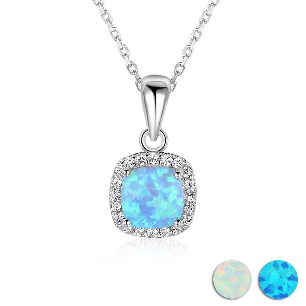 925 Sterling Silver Necklace for Women, Square Opal & Cubic Zirconia Pendant Necklace - Personalized Jewel