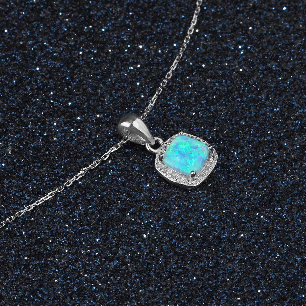 925 Sterling Silver Necklace for Women, Square Opal & Cubic Zirconia Pendant Necklace - Personalized Jewel
