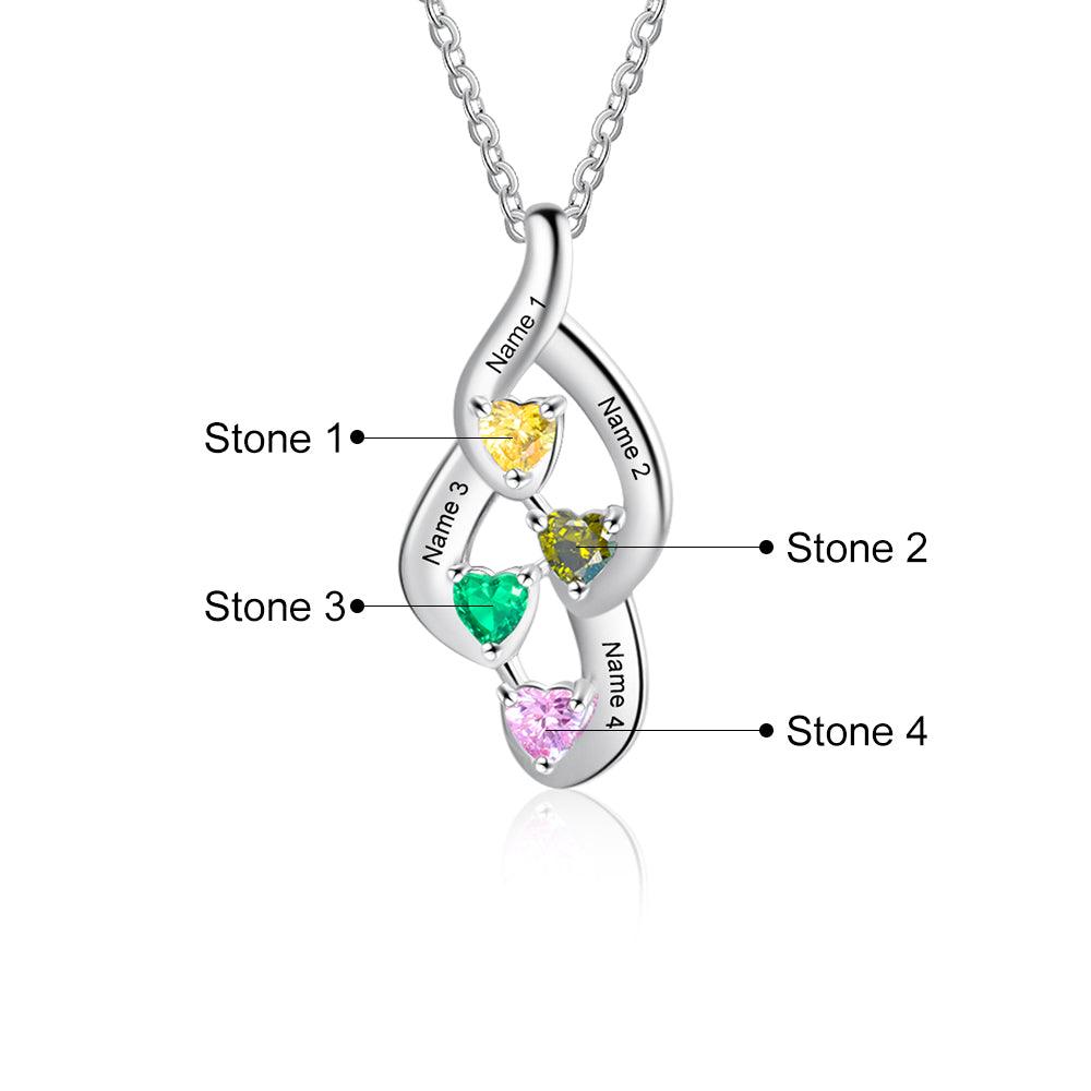 925 Sterling Silver Necklace - Interlocking Four Birthstone and Four Name Engraving For Mother's Day - Personalized Jewel