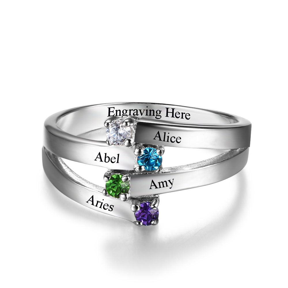 925 Sterling Silver Ring for Women- Custom 4 Birthstone and 4 Name DIY Ring for Mother - Personalized Jewel