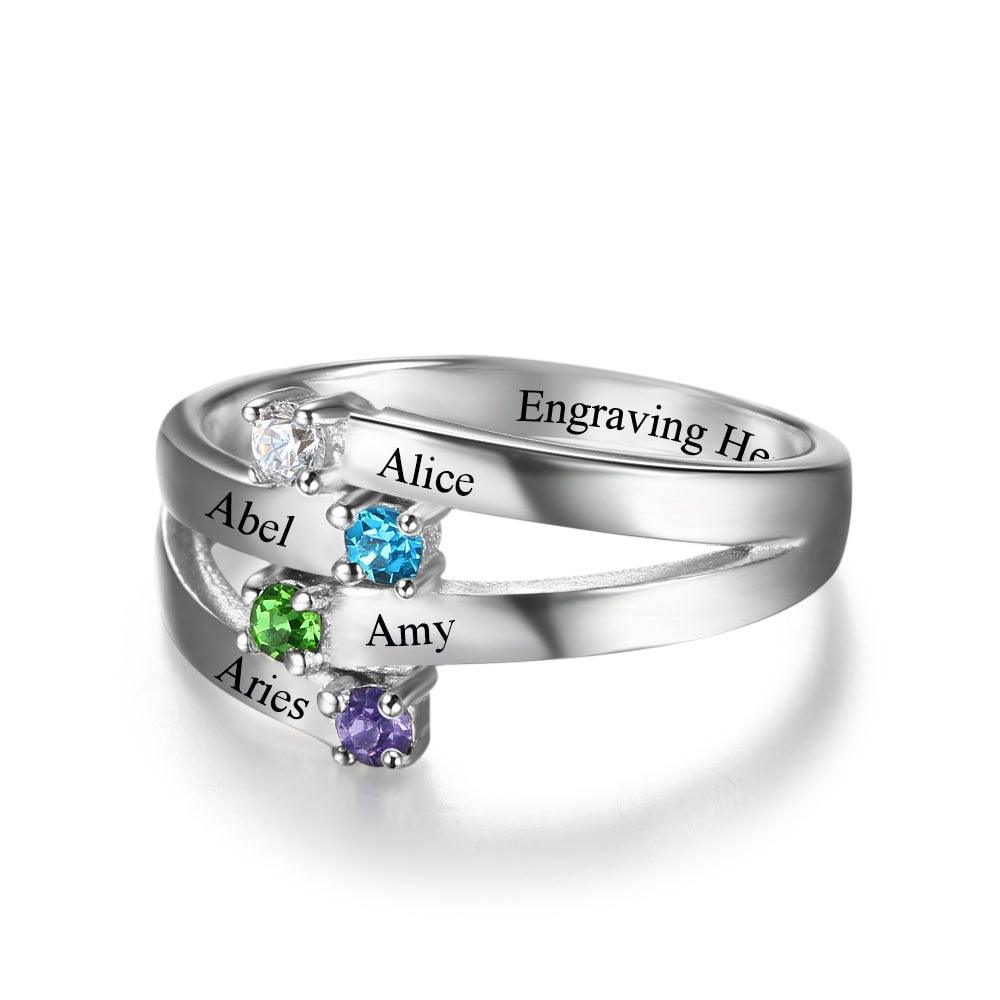 925 Sterling Silver Ring for Women- Custom 4 Birthstone and 4 Name DIY Ring for Mother - Personalized Jewel