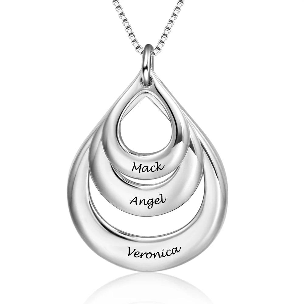 925 Sterling Silver Triple Water Drop Pendant Necklace with Three Customized Name Engravings - Personalized Jewel