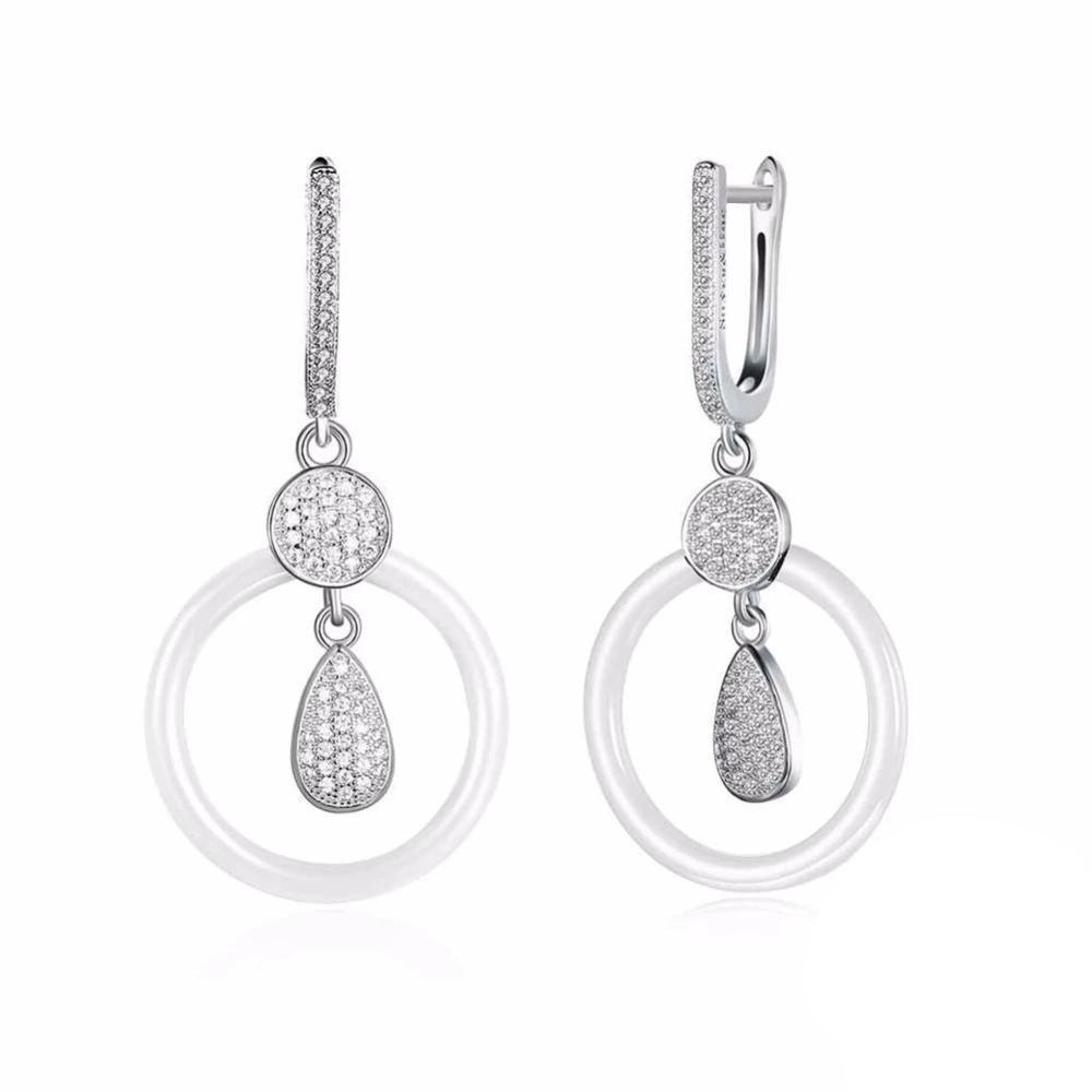 925 Sterling Silver White Ceramic Round Drop Earring - Personalized Jewel