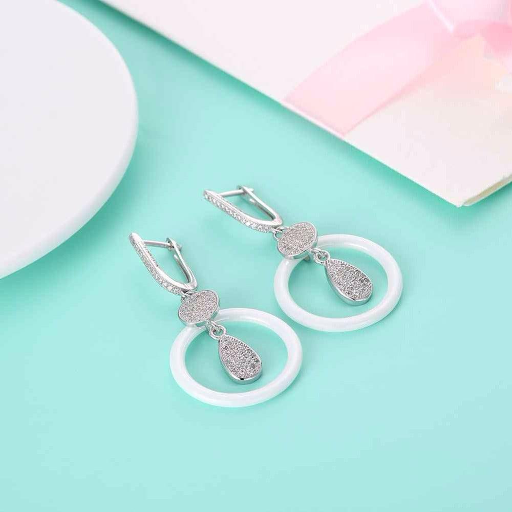925 Sterling Silver White Ceramic Round Drop Earring - Personalized Jewel