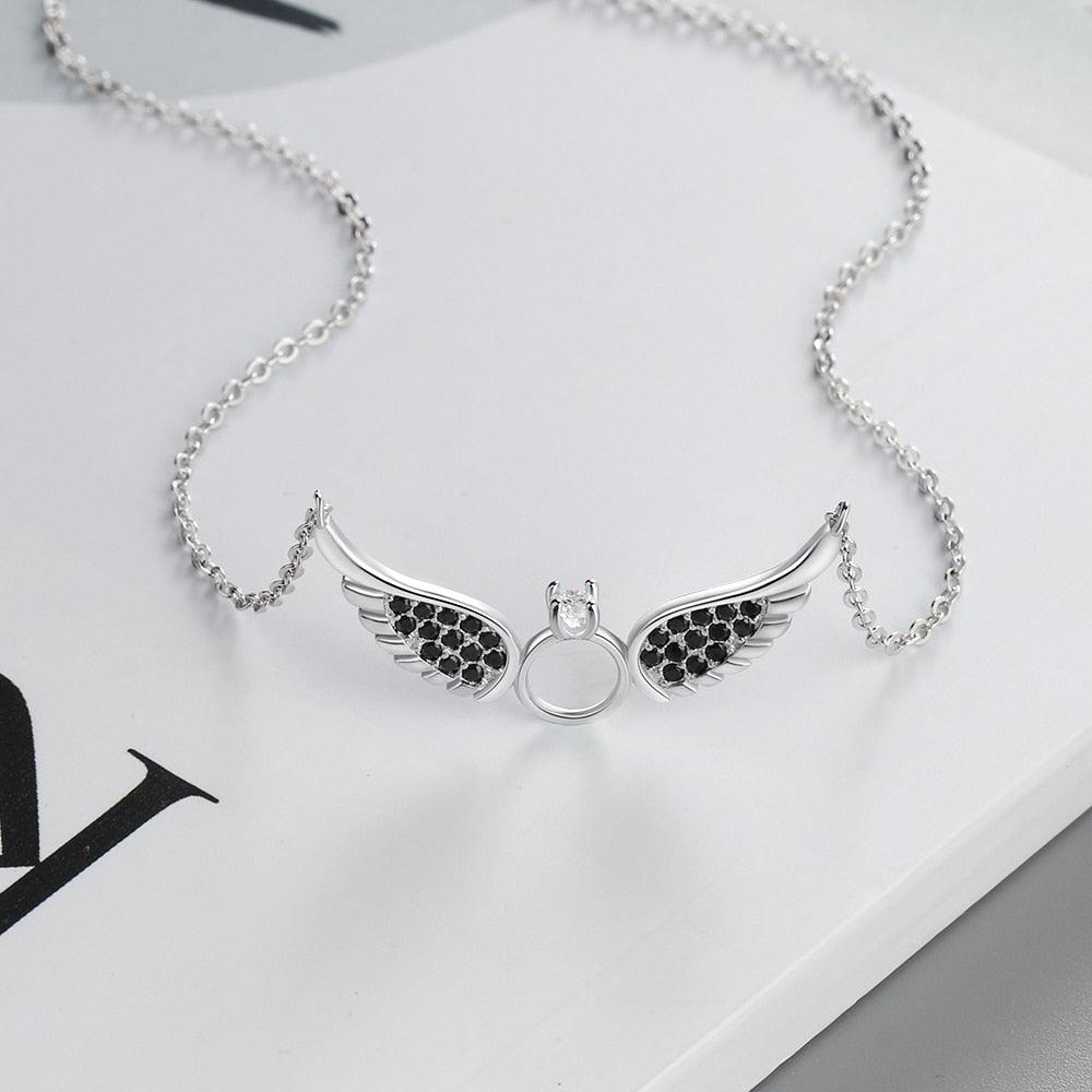 925 Sterling Silver Women Fashion Jewelry Necklace with Black CZ Wing Pendants - Personalized Jewel
