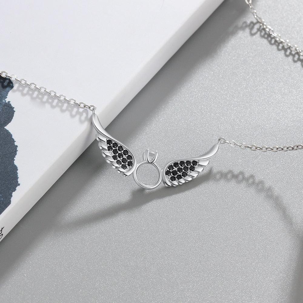 925 Sterling Silver Women Fashion Jewelry Necklace with Black CZ Wing Pendants - Personalized Jewel