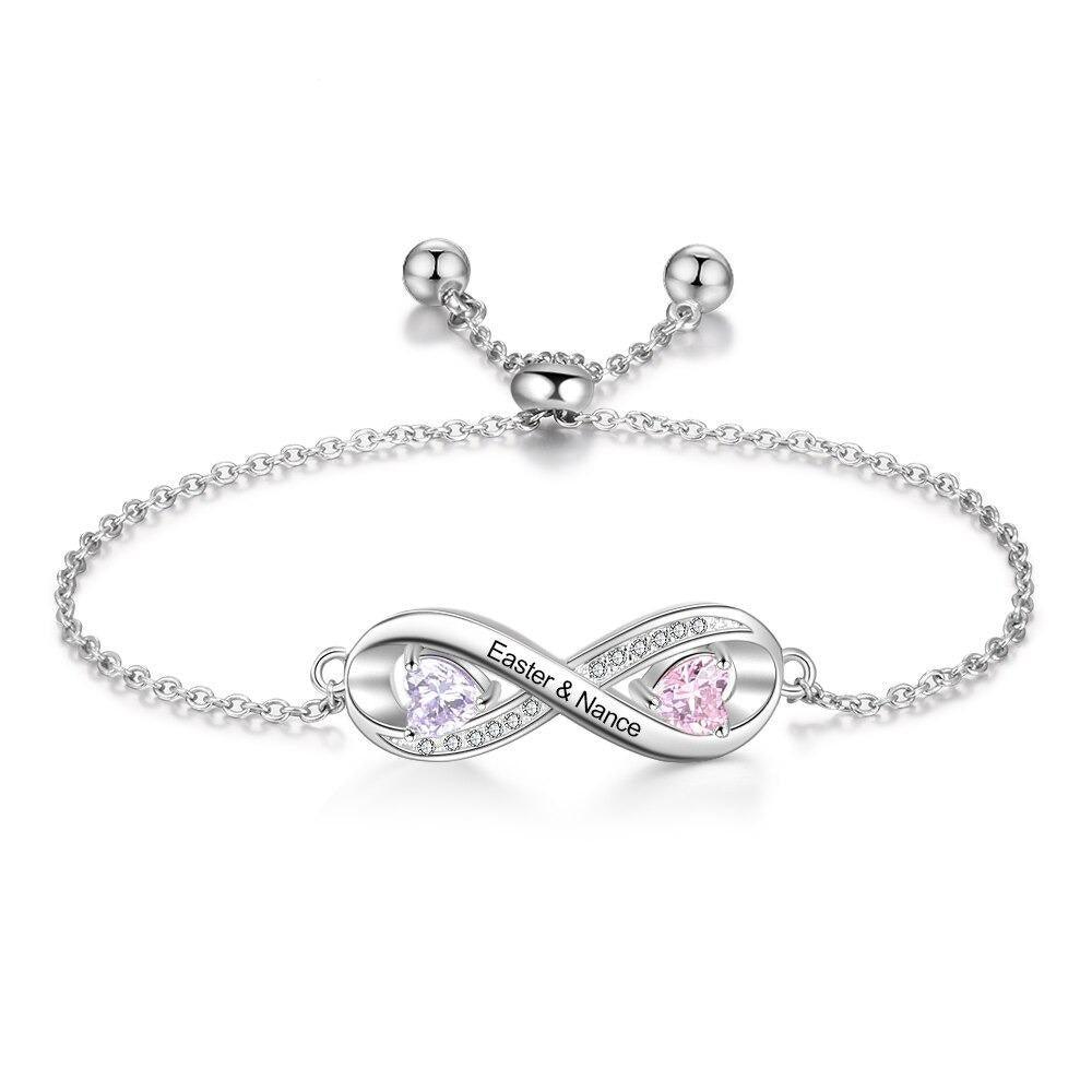 Adjustable Infinity Diamond Sterling Silver Bracelet - 2 Custom Names & Birthstones - Personalized Jewel