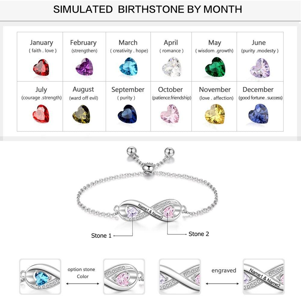 Adjustable Infinity Diamond Sterling Silver Bracelet - 2 Custom Names & Birthstones - Personalized Jewel