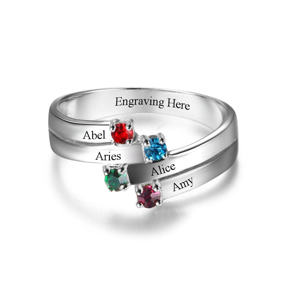 Anniversary Gift for Women- Family Ring for Women- 4 Birthstones Engraved Jewelry for Women - Personalized Jewel