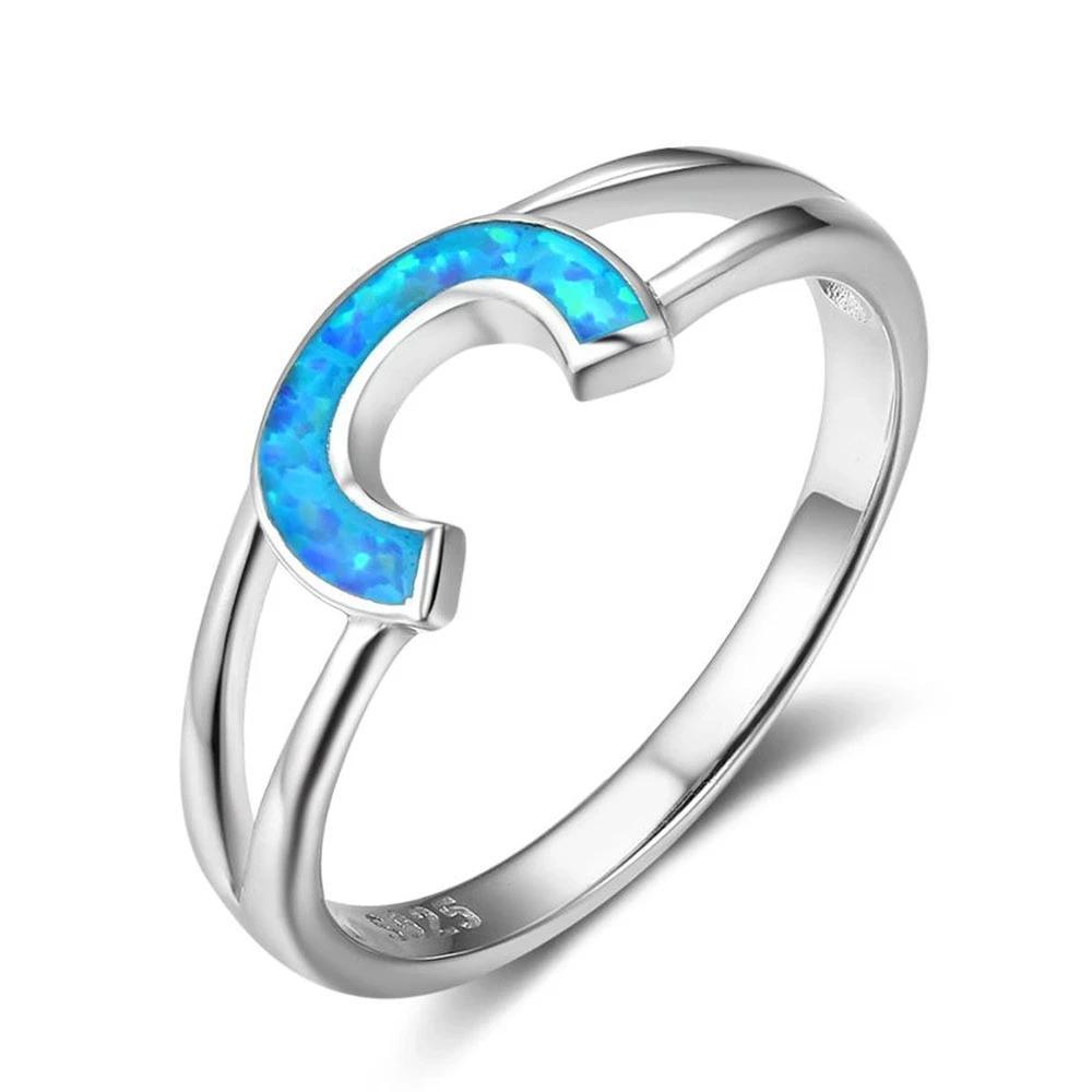 Authentic 925 Sterling Silver Rings with Blue Opal Stone Letter C Design – Trendy Jewelry Gift for Women - Personalized Jewel