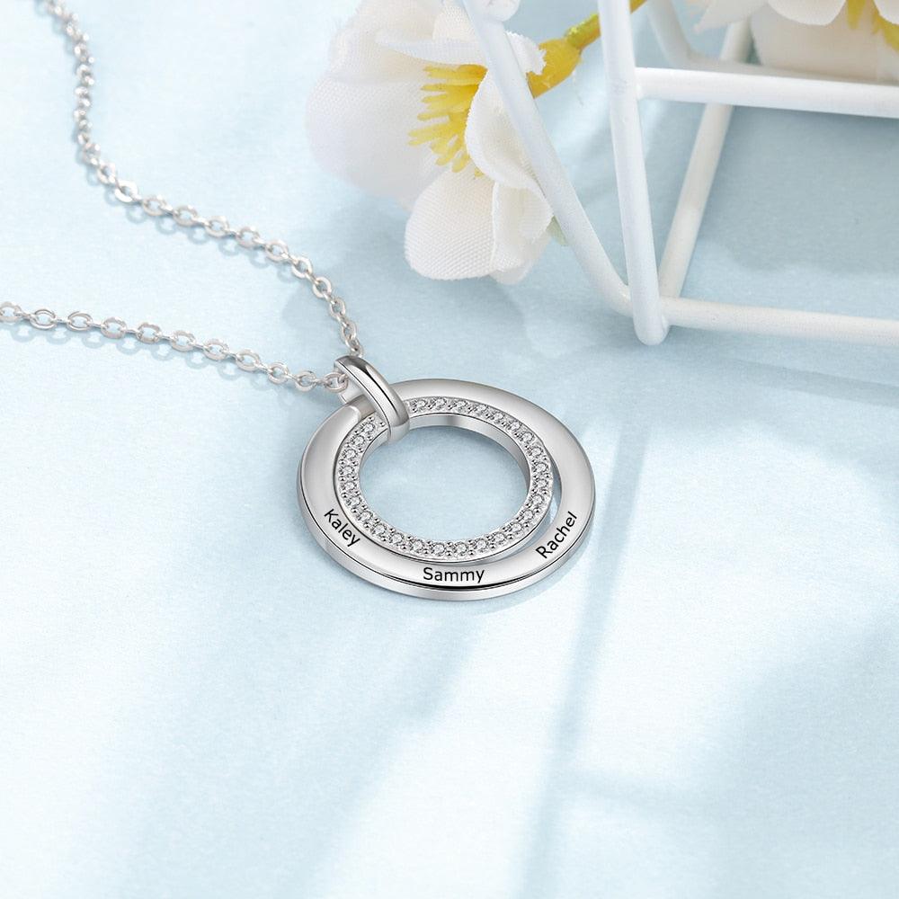 Beautiful Zirconia Inlaid Necklace for Women, Classic Round Pendant Style Necklace, 3-Name Engraving Pendant for Women - Personalized Jewel