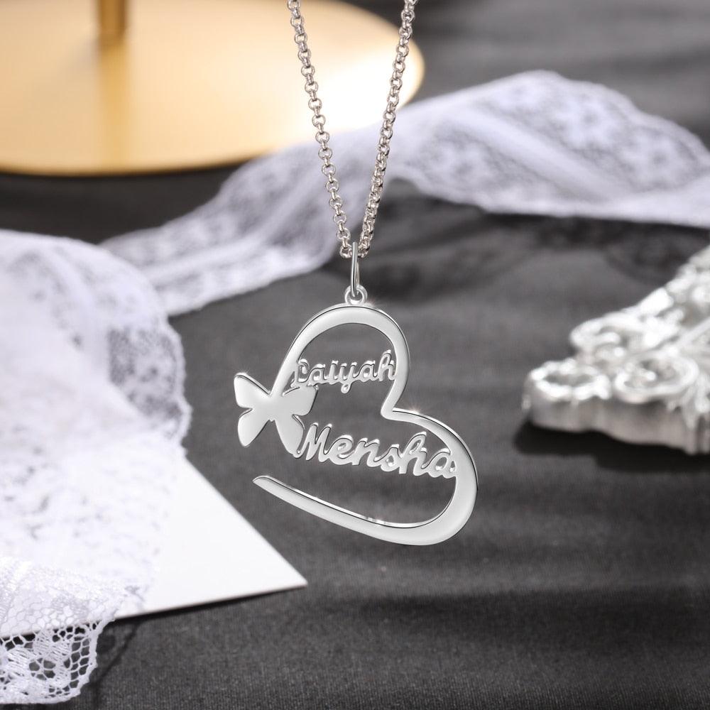 Butterfly Necklace for Women, Engraved Silver Pendant, 2-Name Engraving Silver Pendant for Women - Personalized Jewel