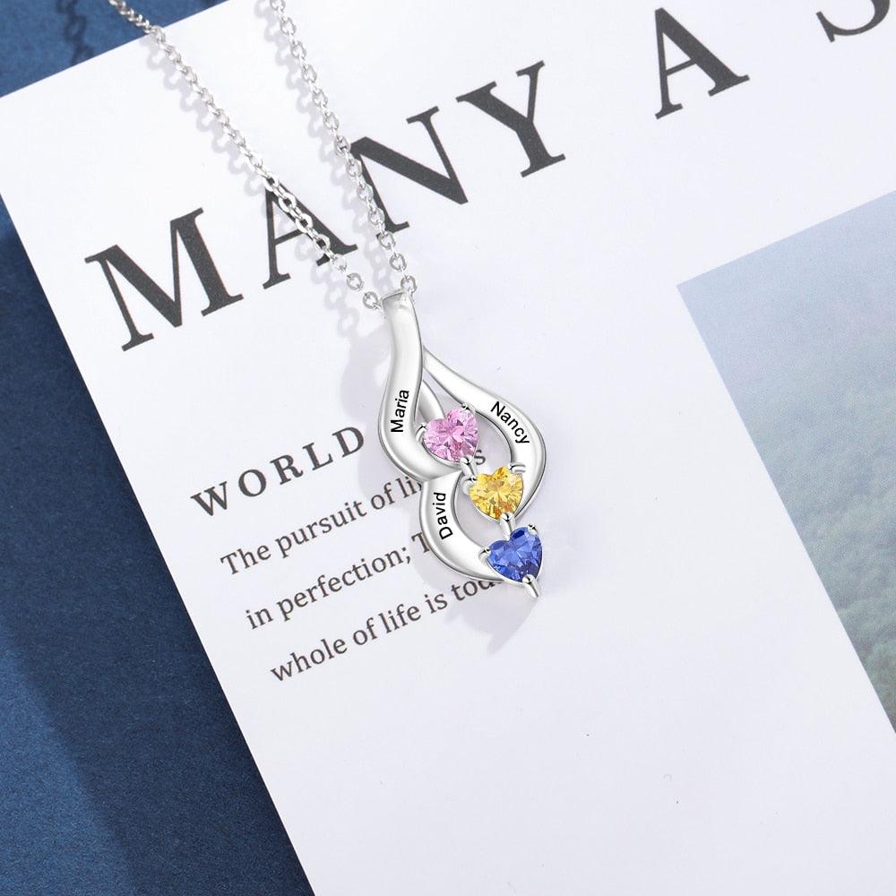 Classic Heart Birthstone Pendant Necklace for Women, Personalized 3 Name Engravings on the Pendant with 3 Heart Shaped Birthstones - Personalized Jewel