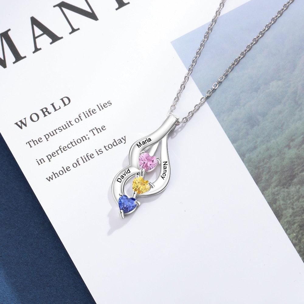 Classic Heart Birthstone Pendant Necklace for Women, Personalized 3 Name Engravings on the Pendant with 3 Heart Shaped Birthstones - Personalized Jewel
