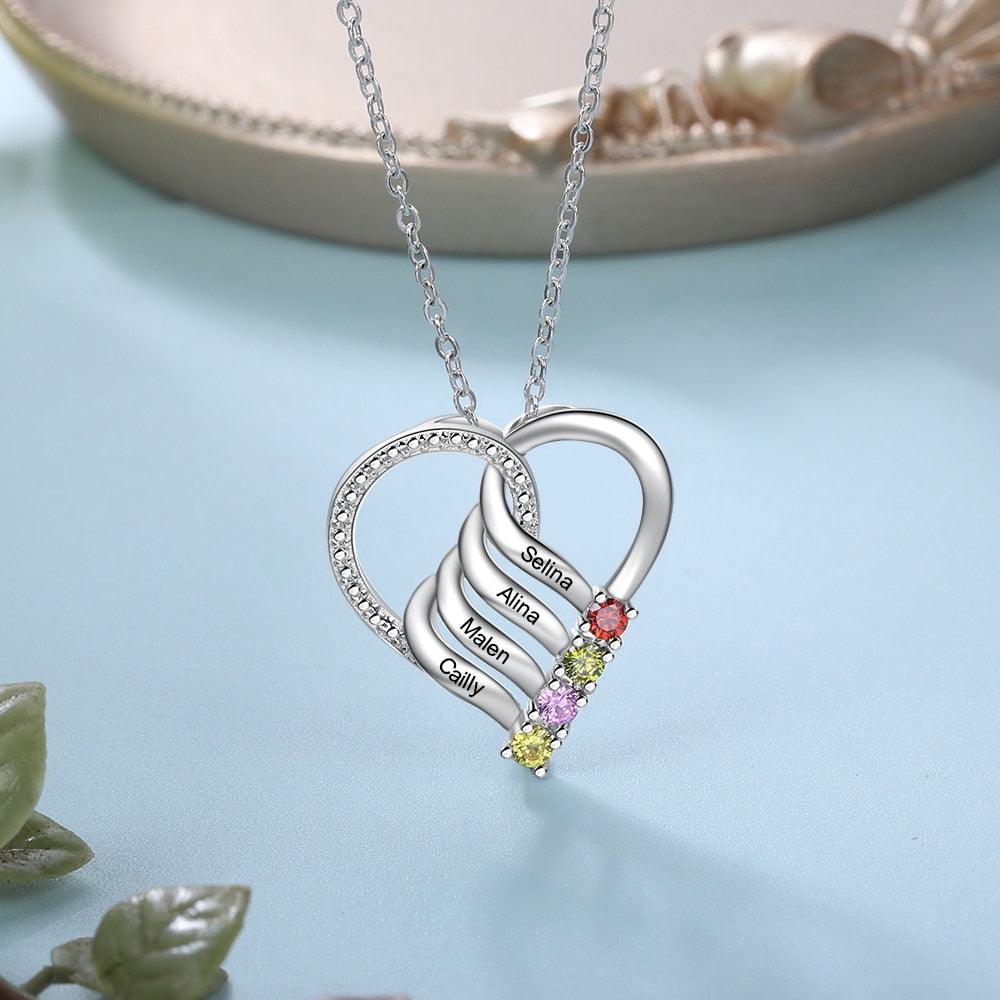 Classic Heart Necklace for Women, Personalized 4 Birthstone and Name Engraving Pendant Necklace - Personalized Jewel