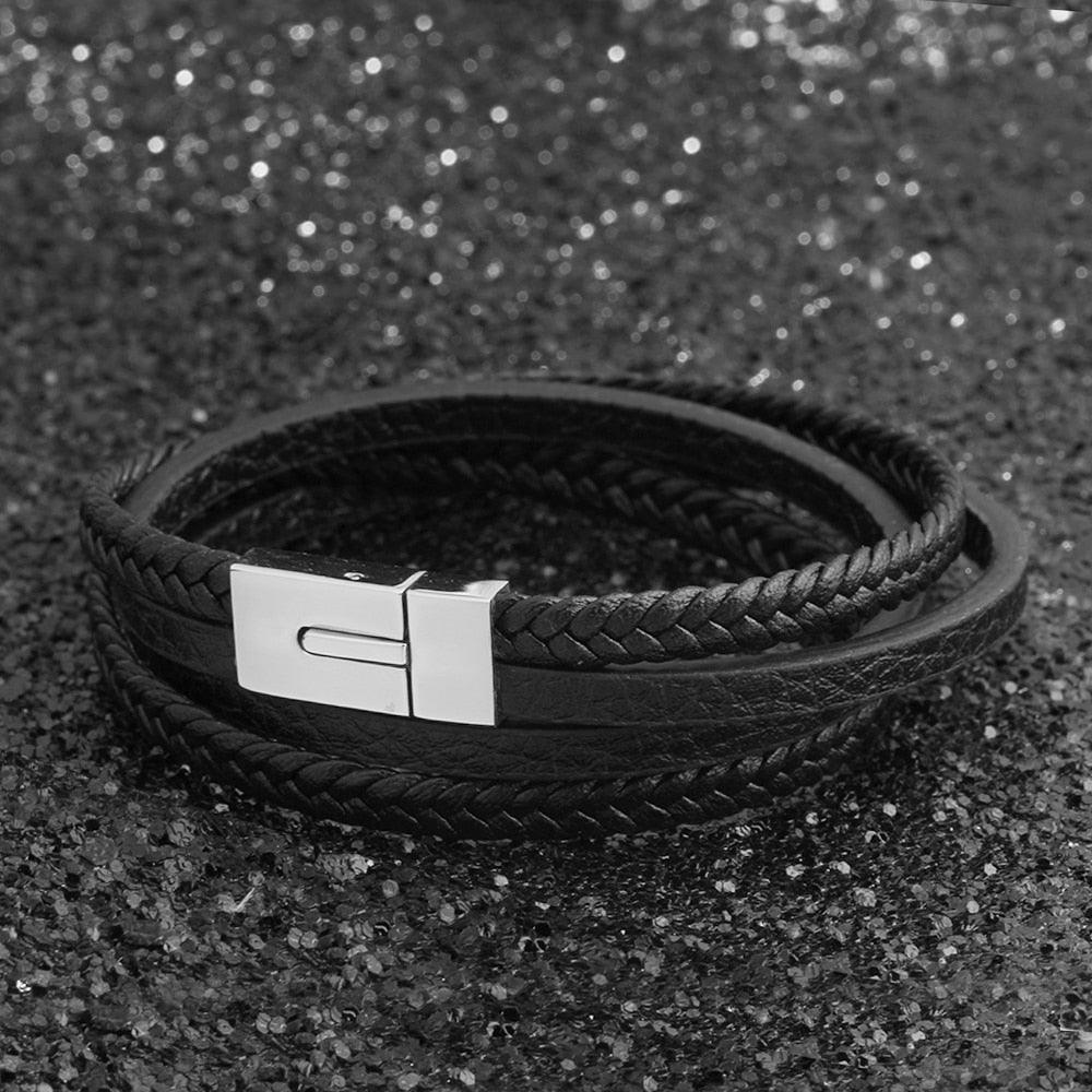Classy Genuine Leather Braided Bracelets for Men with Stainless Steel Details, Wristband Gift for Him - Personalized Jewel