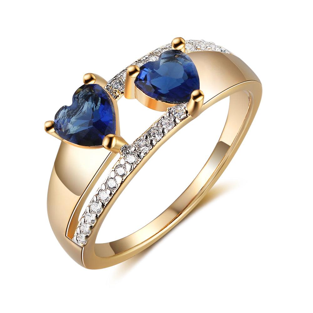 Copper Gold Blue Heart Cubic Zirconia Stone Rings, Trendy Fashion Jewelry Gift for Women - Personalized Jewel