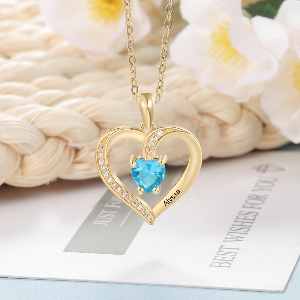 Custom Birthstone Heart Pendant, Personalized Name Engraving Pendant for Women - Personalized Jewel