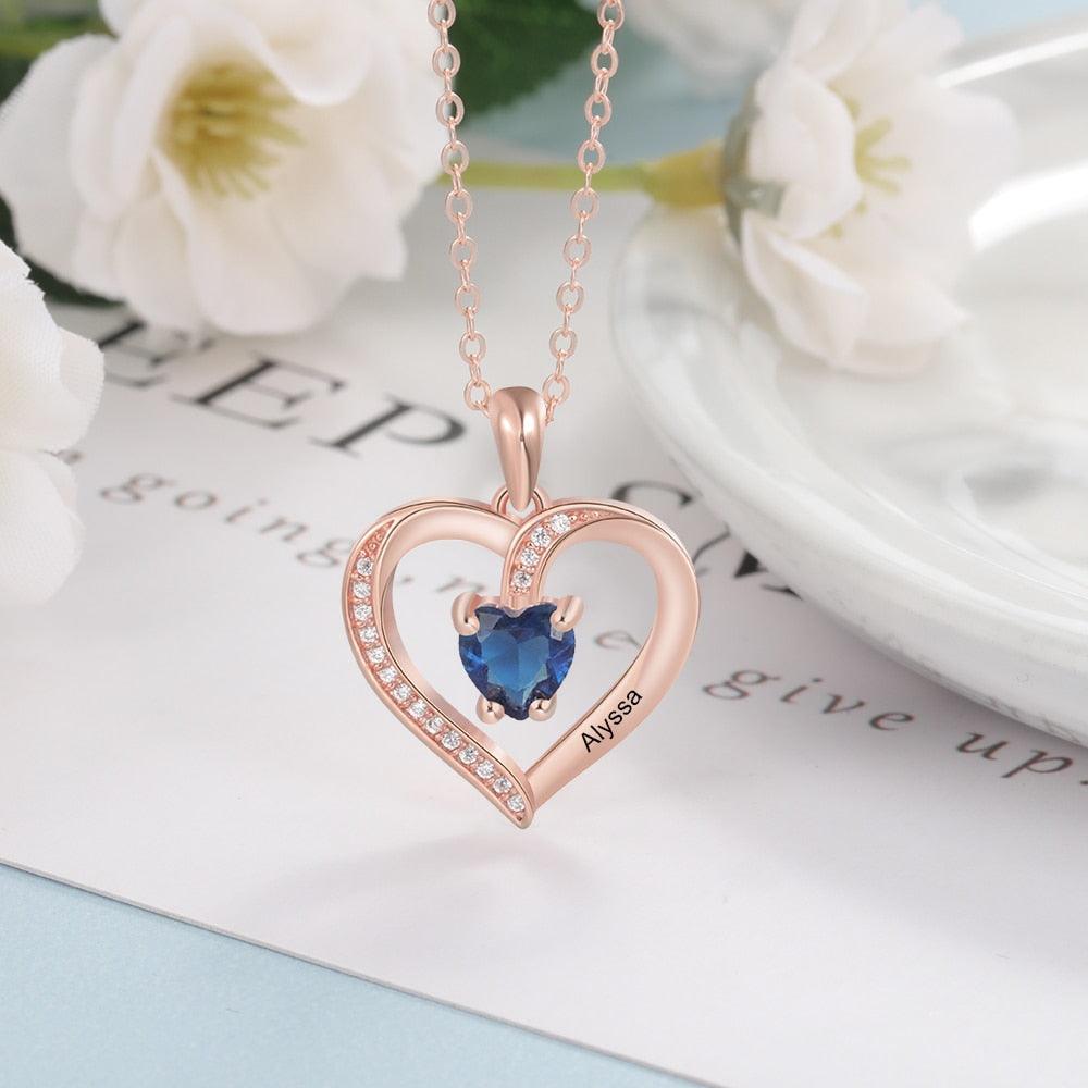 Custom Birthstone Heart Pendant, Personalized Name Engraving Pendant for Women - Personalized Jewel